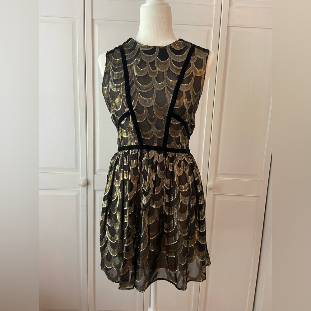 Line & Dot Black & Gold Velvet Binding Rulex Dress Size XS